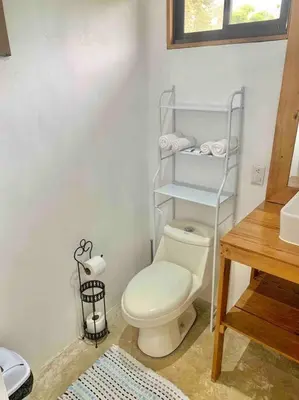 a bathroom with a white toilet and a sink at Cotinga Nest - King Bed, Ocean View in San Pedrillo