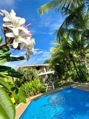 a villa with a swimming pool and palm trees at Pura Armonia Condo with Outdoor Patio in Coco