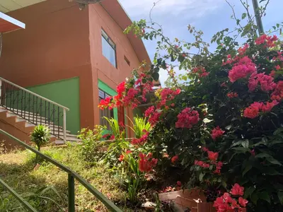 a building with pink flowers in front of it at Globi Lodge #6 in Monteverde Costa Rica
