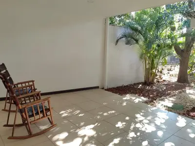 a patio with two chairs and a palm tree at Hotel Boutique CasAguacate Apt Morfo close to Airport in Potrerillos