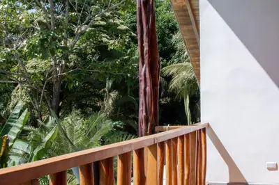 a balcony with a view of the trees at Leidy Mar Apartments in Santa Teresa Beach