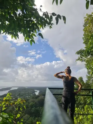 a woman standing on the edge of a lookout in the forest at Chilamate Room in Tortuguero