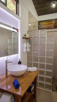 a bathroom with a white bowl sink on a wooden counter at Villa El Tucán in Bijagua