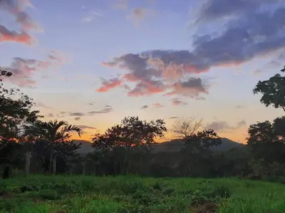 a sunset in a field with trees and grass at Cozy Cottage Hilltop near Conchal - Casa Vala in Matapalo