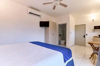 a bedroom with a bed and a ceiling fan at Apartaestudio La Capital in San José