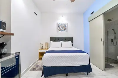 a white bedroom with a bed and a shower at Apartaestudios La capital in San José