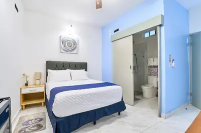 a bedroom with a bed and a bathroom with a shower at Apartaestudios La capital in San José