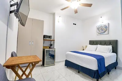a bedroom with a bed and a table and a tv at Apartaestudios La capital in San José