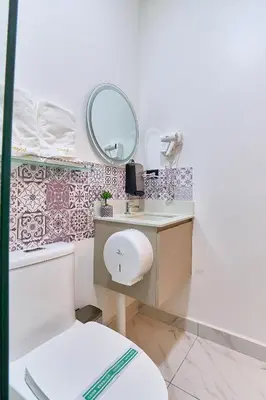 a bathroom with a sink and a mirror at Apartaestudios La capital in San José