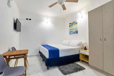 a bedroom with a bed and a desk and a tv at Apartaestudios La capital in San José
