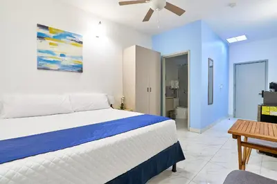 a bedroom with a bed and a ceiling fan at Apartaestudios La capital in San José