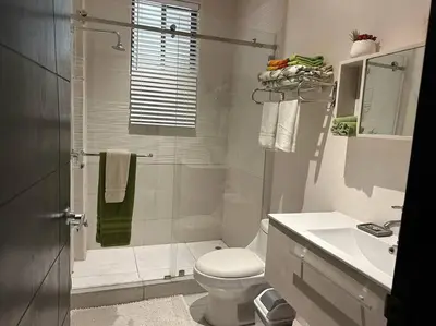 a bathroom with a shower and a toilet and a sink at Breathtaking Ocean View Condo in Sámara