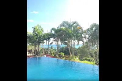 a large swimming pool with palm trees and water at Breathtaking Ocean View Condo in Sámara