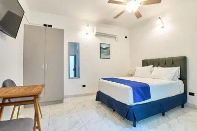 a bedroom with a bed and a desk and a tv at #5 Apartaestudio la capital in San José