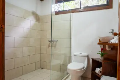 a bathroom with a glass shower with a toilet at Tierra Buena Countryside Hotel in Monteverde Costa Rica