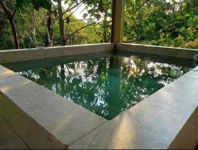 a pool of water next to a house at Casitas Del Rio Riverfront Nature Lodge in Uvita
