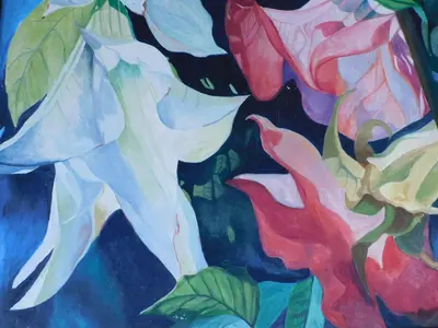 a painting of colorful flowers on a wall at Rainbow House in Monteverde Costa Rica