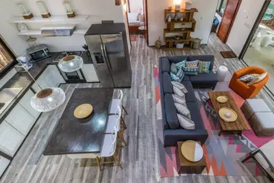 an overhead view of a living room with a couch at Oceano 5 - Walk to the beach in Playa Pelada