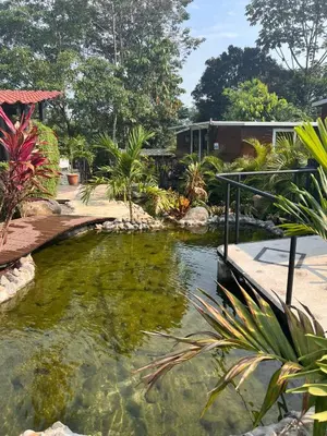 a pond in the middle of a garden at Gaspar Arenal Volcano in Fortuna