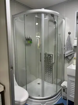 a glass shower in a bathroom with a toilet at Gaspar Arenal Volcano in Fortuna