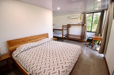 a bedroom with a bed and a desk and a window at Z orro Tropical in Arbolito