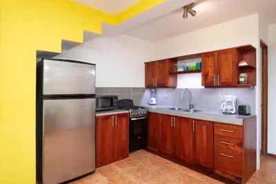 a kitchen with wooden cabinets and a stainless steel refrigerator at 2BR EcoCondo 2 Terrace wildlife visits in Quepos