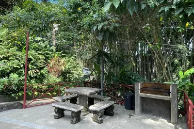 two benches and a picnic table in a garden at 2BR EcoCondo 2 Terrace wildlife visits in Quepos