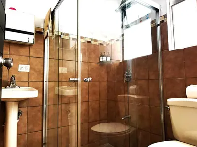 a bathroom with a shower and a toilet and a sink at Casa Matiza, 7 min SJO airport, free parking, AC in Santiago Este