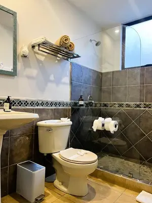 a bathroom with a toilet and a sink and a shower at Direct Beach & Pool Access l 247 Security in Jacó