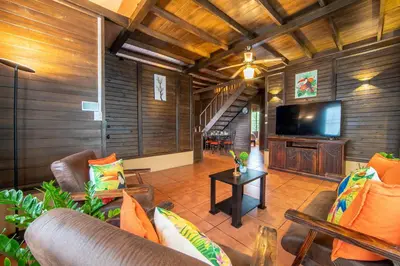 a living room with a couch and a flat screen tv at The Toucan Nest - AC, Gated & Pool in Fortuna
