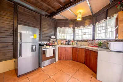 a kitchen with wooden walls and a white refrigerator at The Toucan Nest - AC, Gated & Pool in Fortuna