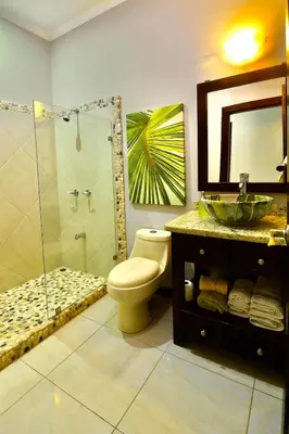 a bathroom with a toilet and a shower and a sink at Villa Encantada by Vacation Pura Vida in Esterillos