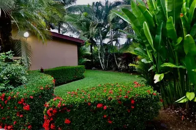 a garden with red flowers and green bushes at Villa Sendero by VacationPuraVida in Bejuco