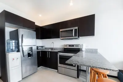 a kitchen with stainless steel appliances and black cabinets at The Wavefront Beachfront Condo in Bejuco in Bejuco
