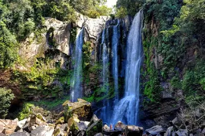 a waterfall in the middle of a forest at The Wavefront Beachfront Condo in Bejuco in Bejuco