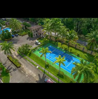 an overhead view of a swimming pool with palm trees at Villa Alegría de vivir by Vacation Pura Vida in Bejuco