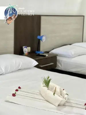 a hotel room with two beds with a towel with a plant on it at Hotel Claudio y Gloria in Coco