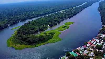 an aerial view of an island in a river at H et L in Tortuguero