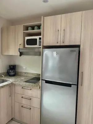 a kitchen with a refrigerator and a microwave at Sandy Shore Two bedroom condo across beach in Coco