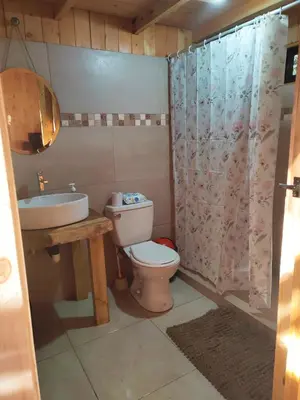 a bathroom with a toilet and a sink and a shower at Cabaña Lugar de paz in Villa Mills