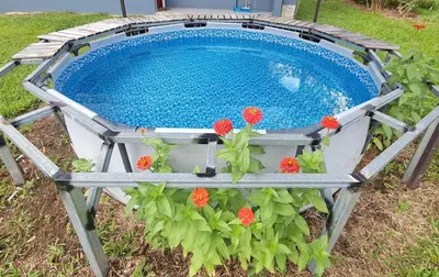 a swimming pool in a garden with flowers at Escapadita Pura Vida in Fortuna