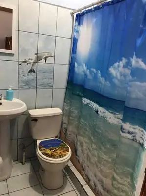 a bathroom with a toilet and a shower curtain at Casa Grande Villas Ela en Bahía Ballena in Uvita