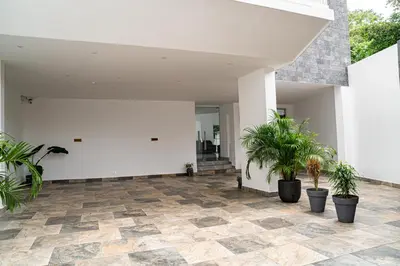 a courtyard with potted plants and a white wall at home 333 habitacion 332 in Escazu