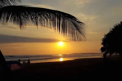 a sunset on a beach with a palm tree at Casa Las Palmas Playa Bejuco in Bejuco