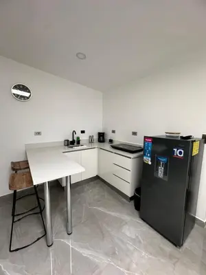a kitchen with a black refrigerator and a table at home 333 habitacion 337 in Escazu