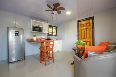 a living room with a kitchen with a ceiling fan at Villa Palmera-Fortuna in Fortuna