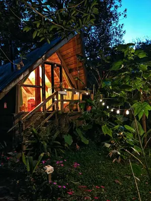a cabin in the woods with a porch and lights at Tipi Cabécar in Heredia