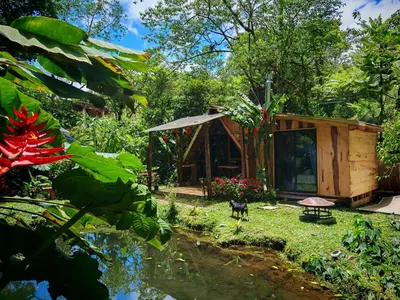 a small wooden cabin in a garden with a pond at Tipi Maleku in Heredia