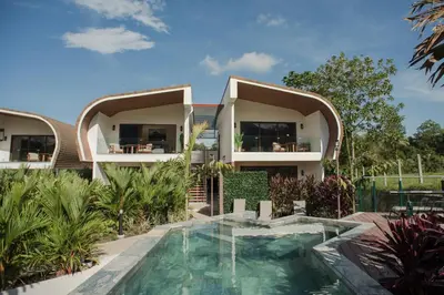 an external view of a house with a swimming pool at Fortuna Retreat in Fortuna