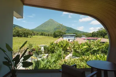 a view of a mountain through a window at Fortuna Retreat in Fortuna
